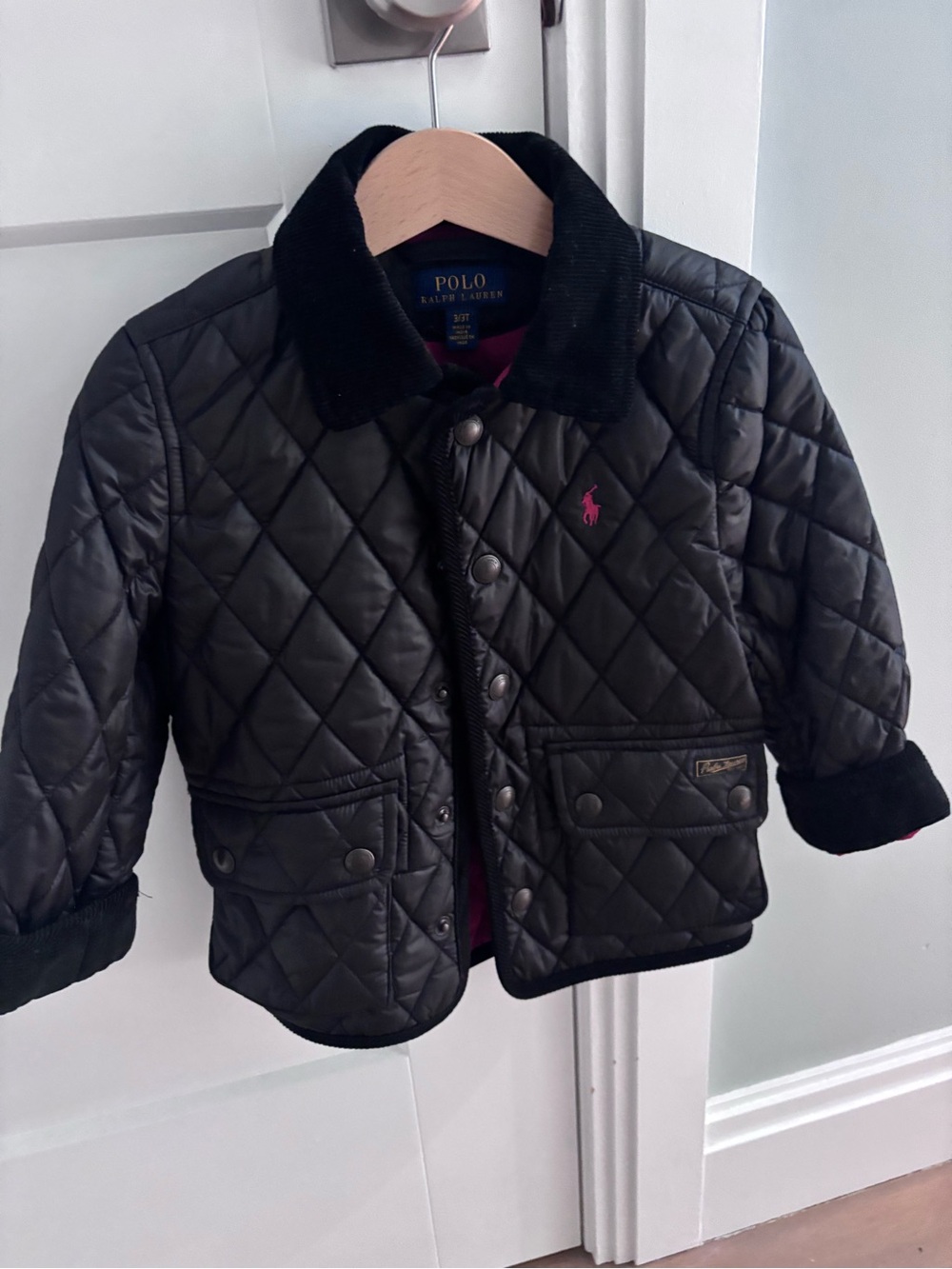 Polo by Ralph Lauren Black Quilted Kids Jacket with Pink Pony